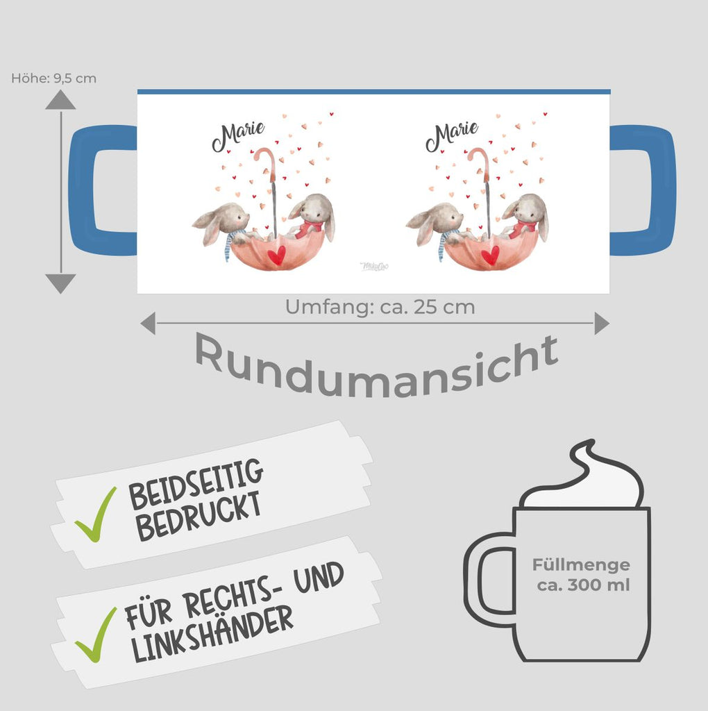 Keramik Tasse Zwei süße Hasen im Regenschirm mit Wunschnamen - von Mikalino