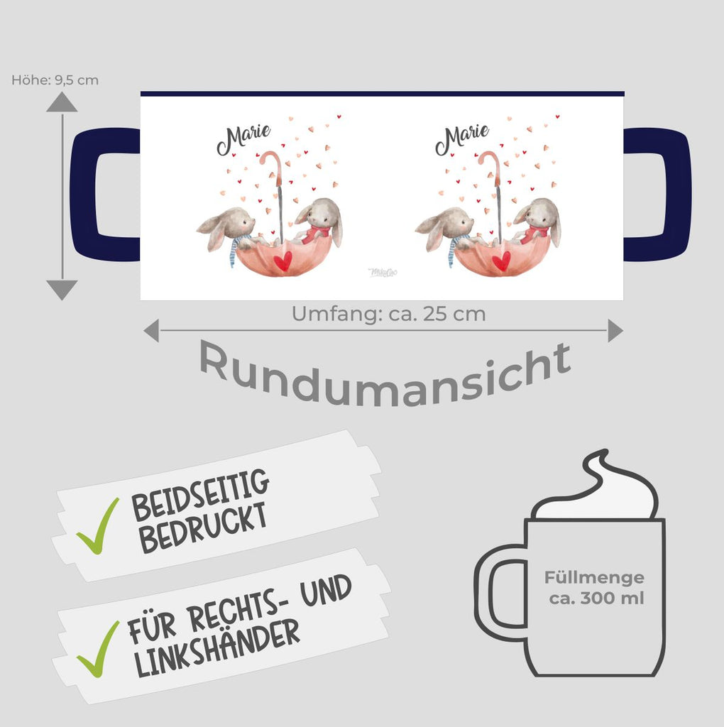 Keramik Tasse Zwei süße Hasen im Regenschirm mit Wunschnamen - von Mikalino