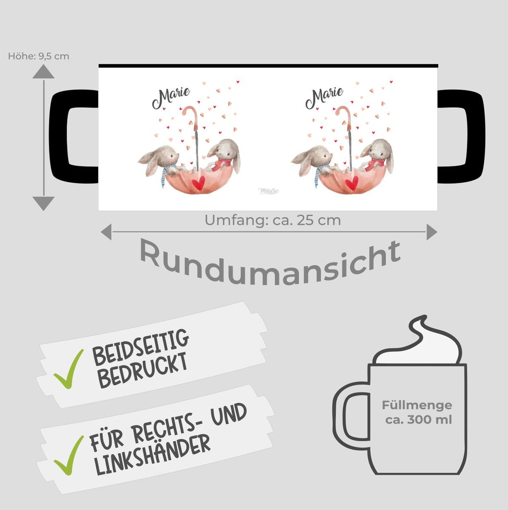 Keramik Tasse Zwei süße Hasen im Regenschirm mit Wunschnamen - von Mikalino