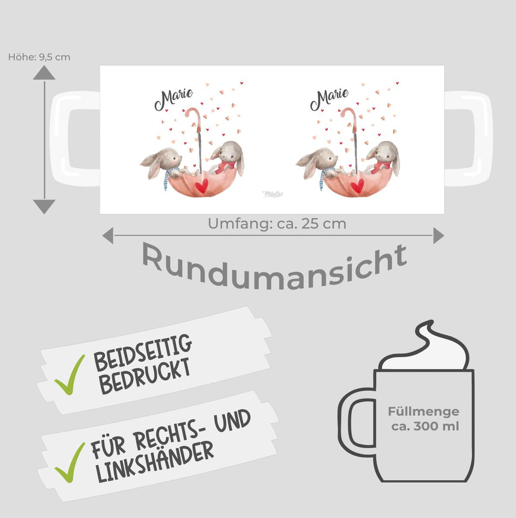 Keramik Tasse Zwei süße Hasen im Regenschirm mit Wunschnamen - von Mikalino