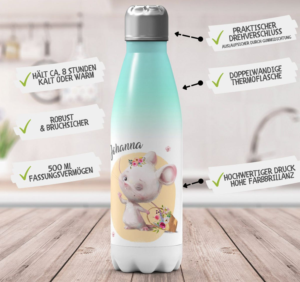 Thermo Trinkflasche Winkende süße Maus mit Wunschname - von Mikalino