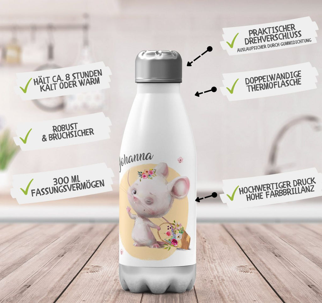 Thermo Trinkflasche Winkende süße Maus mit Wunschname - von Mikalino