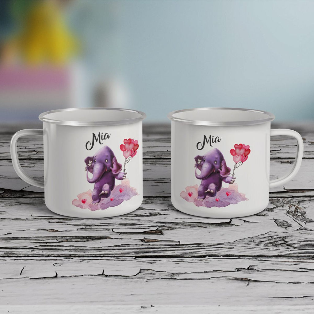 Emaille Tasse Fröhlicher Elefant und süße Maus mit Wunschname - von Mikalino