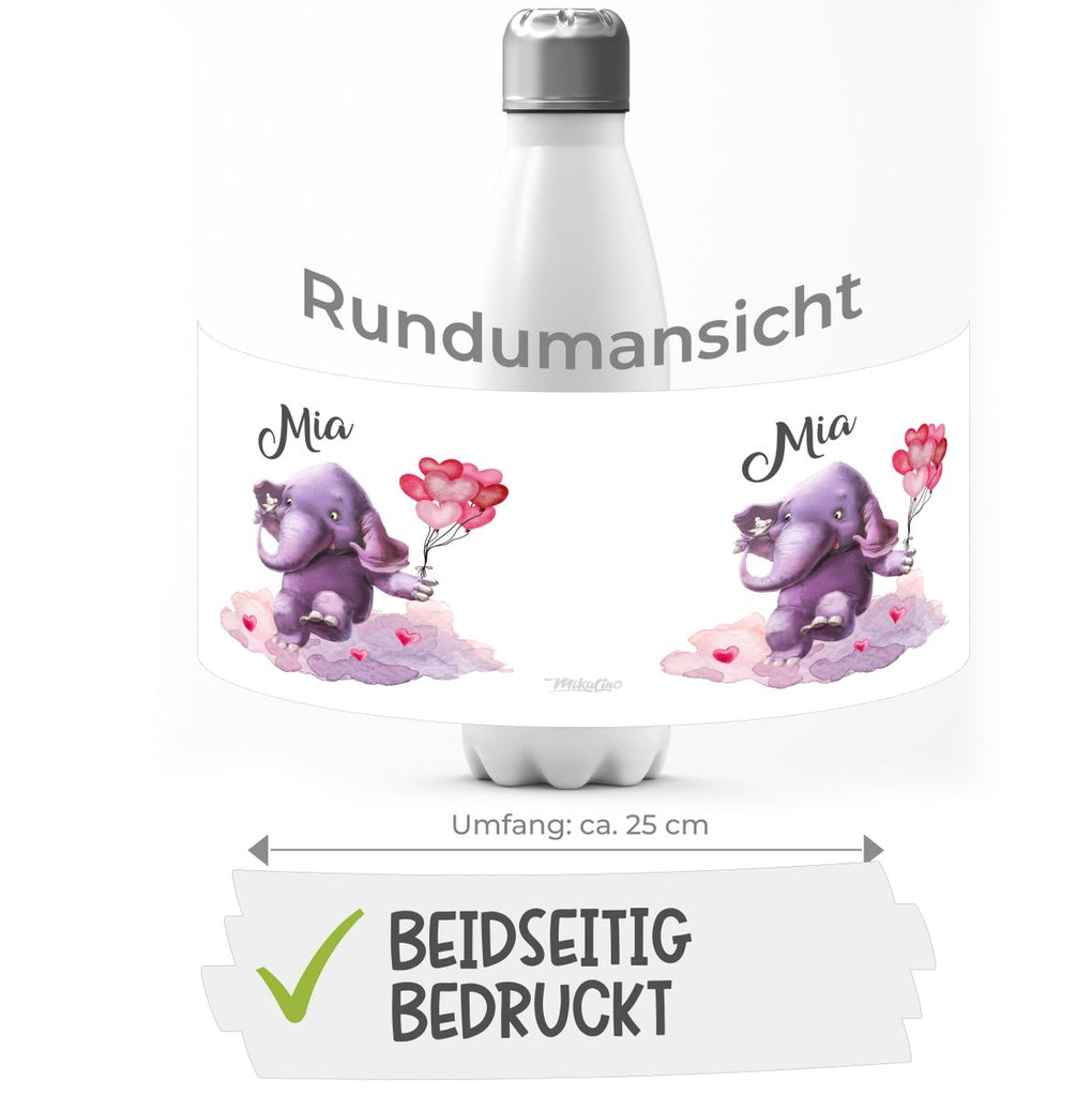 Thermo Trinkflasche Fröhlicher Elefant und süße Maus mit Wunschname - von Mikalino