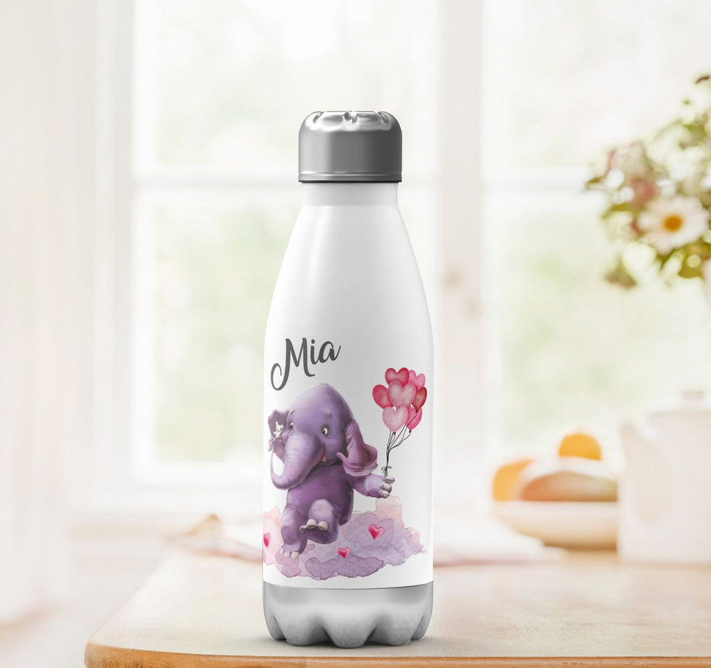 Thermo Trinkflasche Fröhlicher Elefant und süße Maus mit Wunschname - von Mikalino