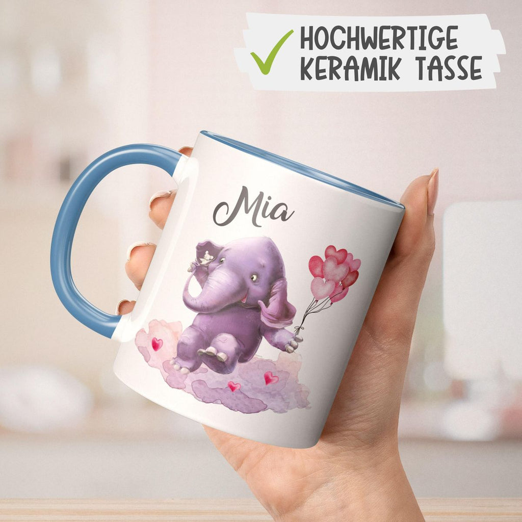 Keramik Tasse Fröhlicher Elefant und süße Maus mit Wunschname - von Mikalino