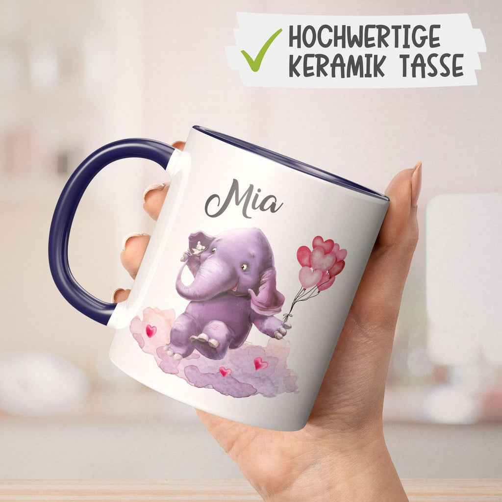 Keramik Tasse Fröhlicher Elefant und süße Maus mit Wunschname - von Mikalino