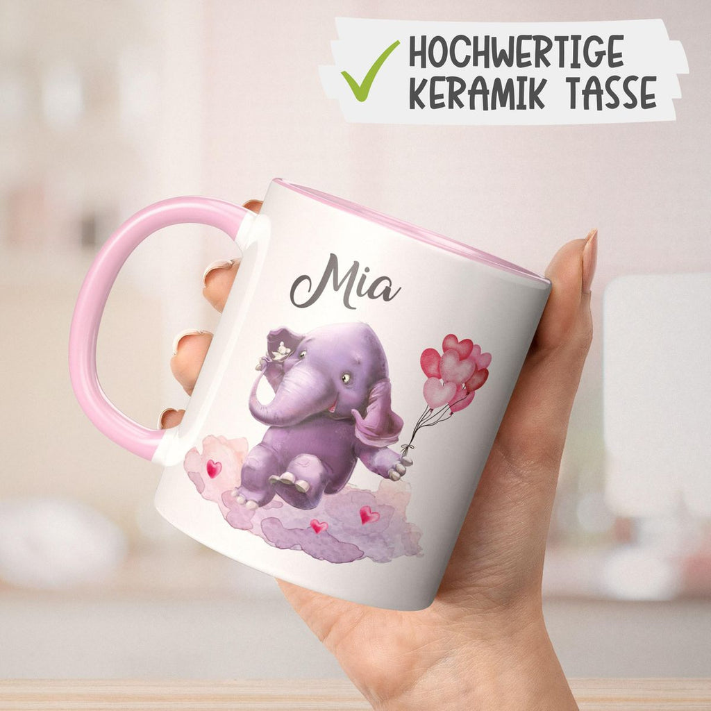 Keramik Tasse Fröhlicher Elefant und süße Maus mit Wunschname - von Mikalino