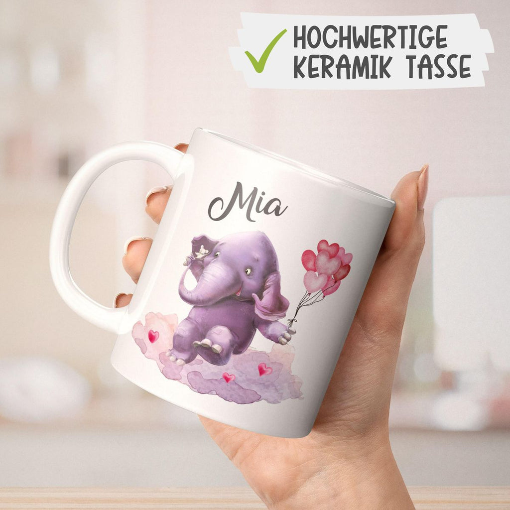 Keramik Tasse Fröhlicher Elefant und süße Maus mit Wunschname - von Mikalino