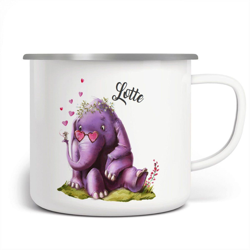 Emaille Tasse Niedlicher Elefant mit Maus und Wunschname - von Mikalino