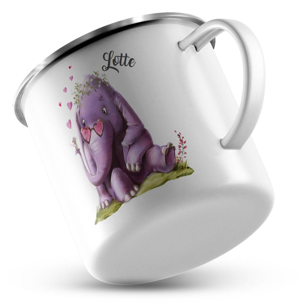 Emaille Tasse Niedlicher Elefant mit Maus und Wunschname - von Mikalino