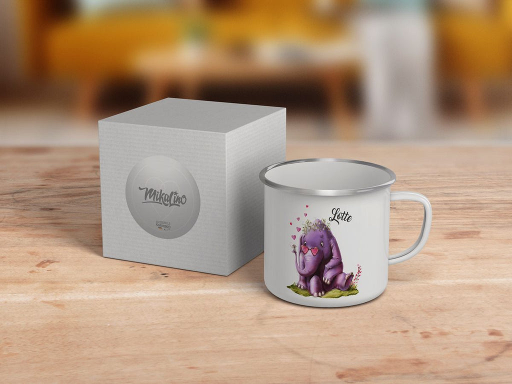 Emaille Tasse Niedlicher Elefant mit Maus und Wunschname - von Mikalino