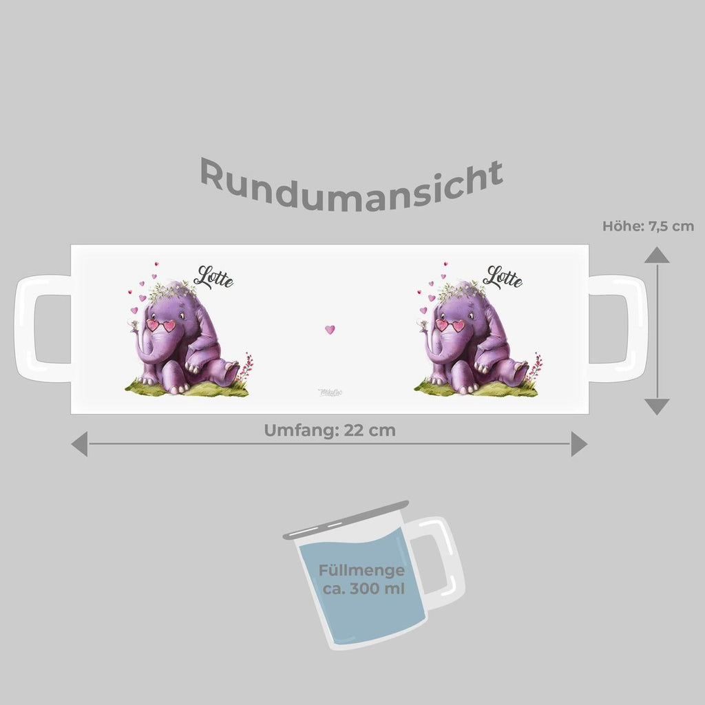 Emaille Tasse Niedlicher Elefant mit Maus und Wunschname - von Mikalino