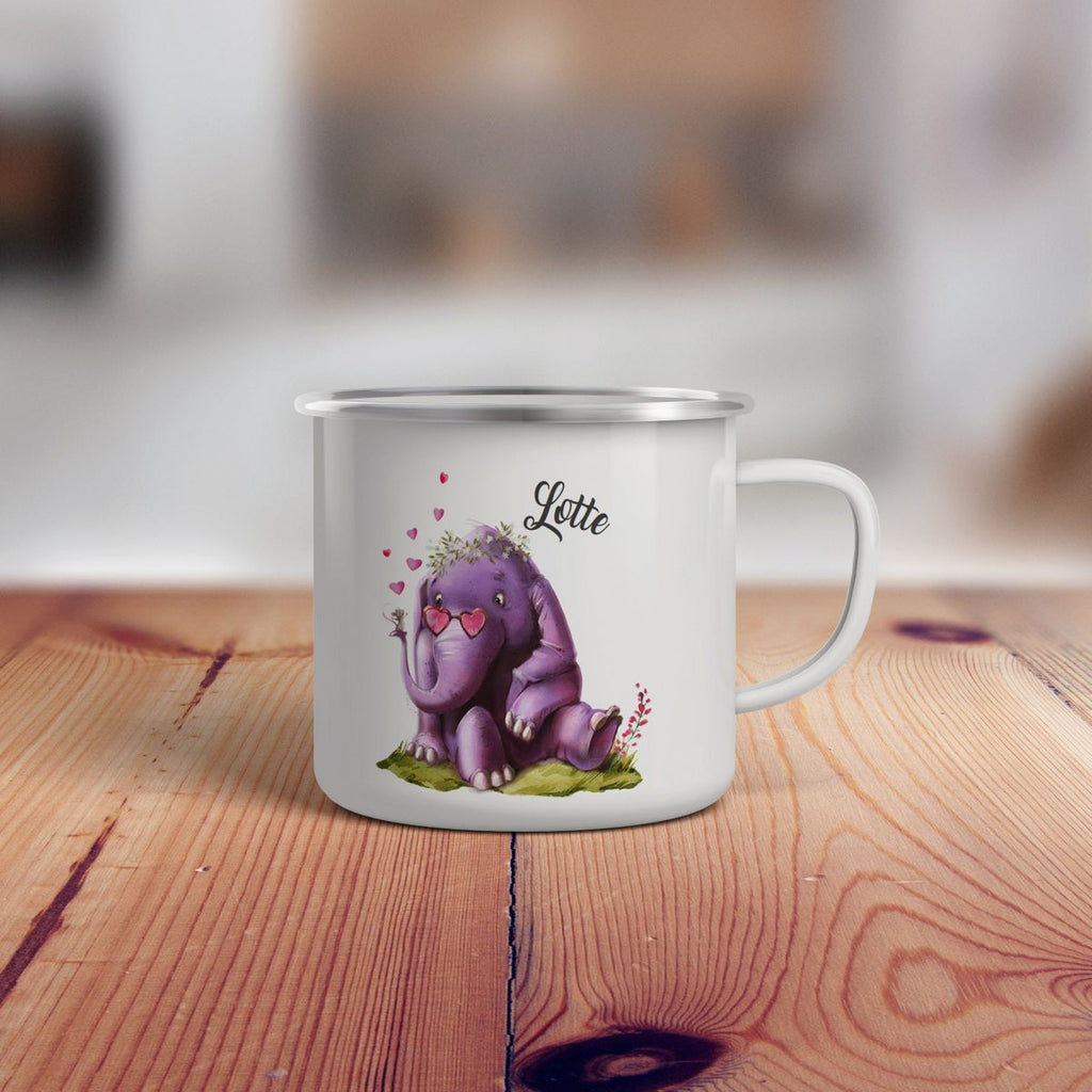 Emaille Tasse Niedlicher Elefant mit Maus und Wunschname - von Mikalino