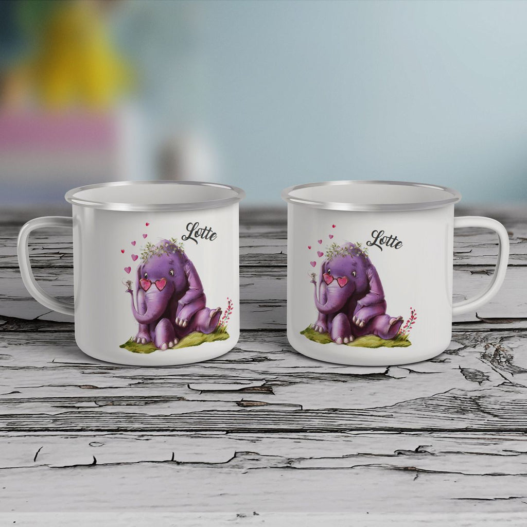 Emaille Tasse Niedlicher Elefant mit Maus und Wunschname - von Mikalino