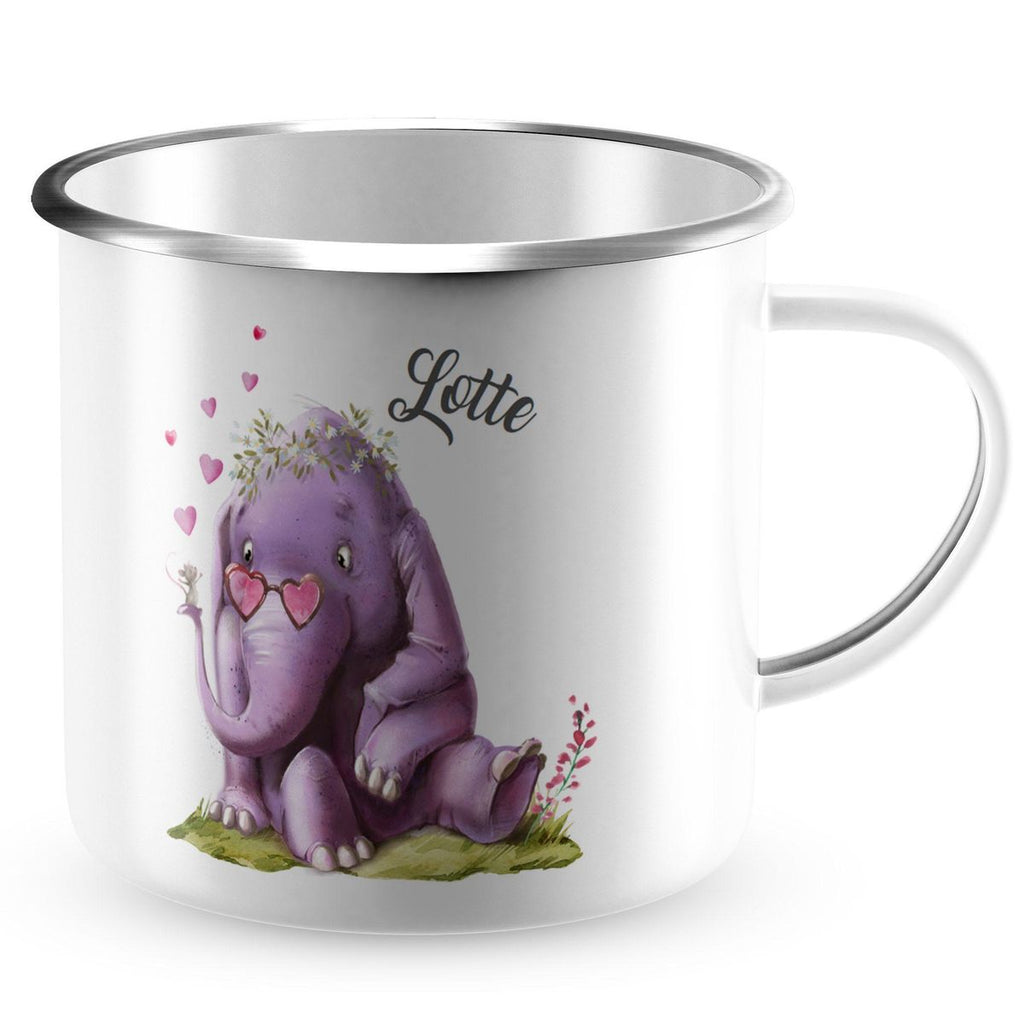 Emaille Tasse Niedlicher Elefant mit Maus und Wunschname - von Mikalino