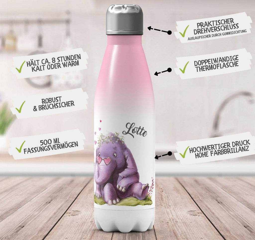 Thermo Trinkflasche Niedlicher Elefant mit Maus und Wunschname - von Mikalino