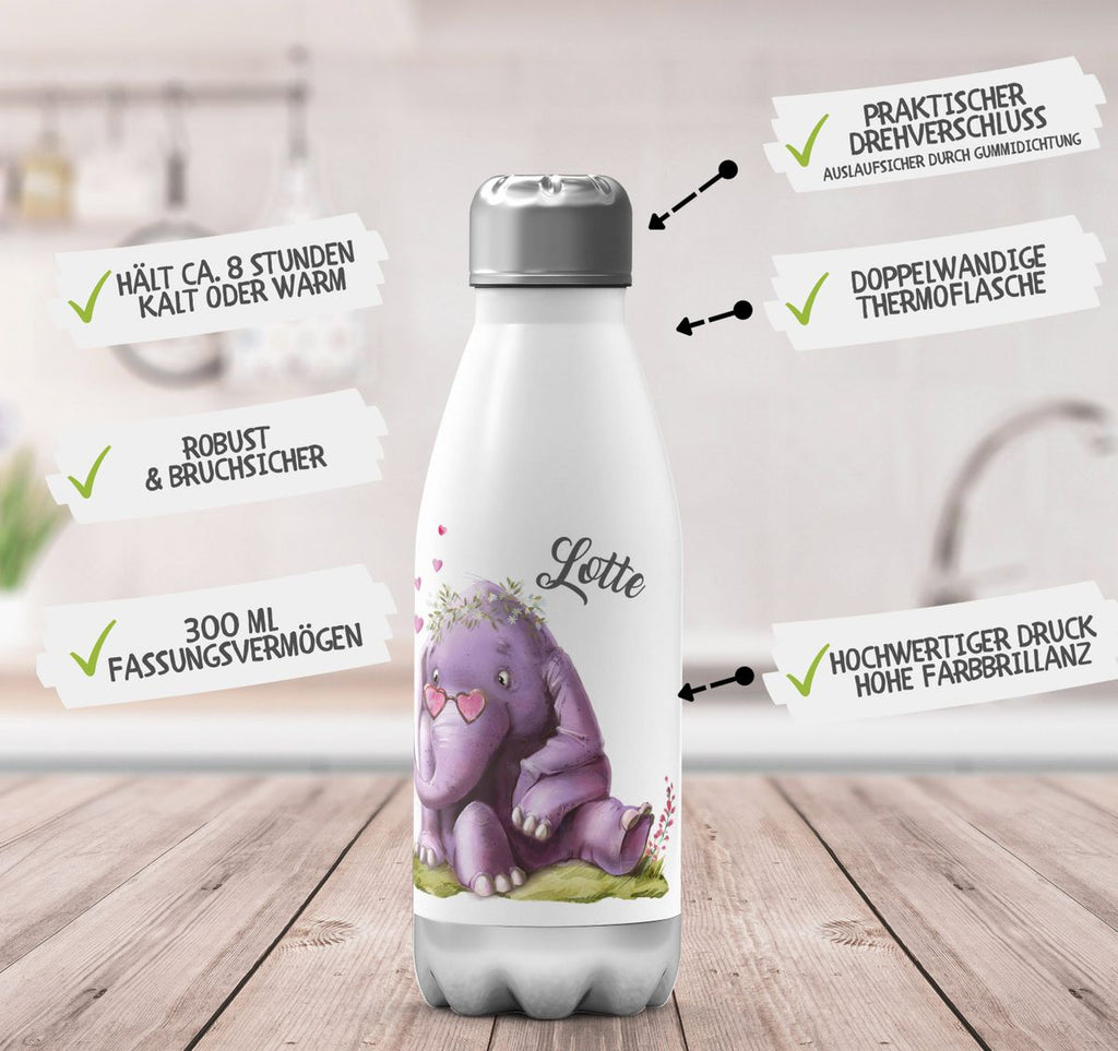 Thermo Trinkflasche Niedlicher Elefant mit Maus und Wunschname - von Mikalino