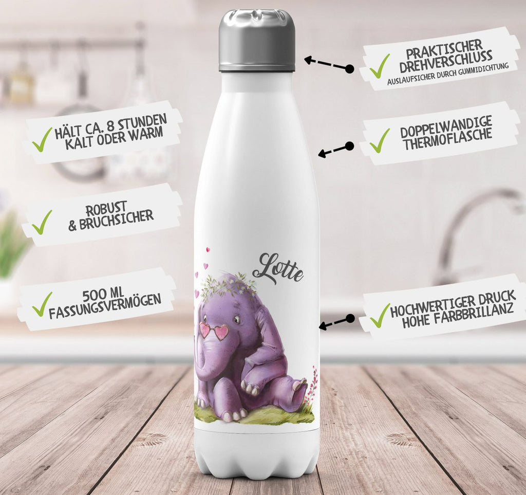 Thermo Trinkflasche Niedlicher Elefant mit Maus und Wunschname - von Mikalino