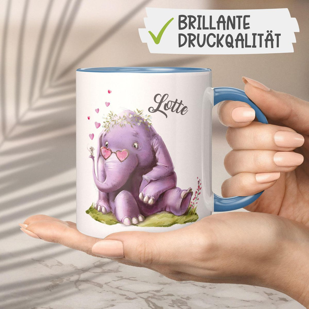 Keramik Tasse Niedlicher Elefant mit Maus und Wunschname - von Mikalino