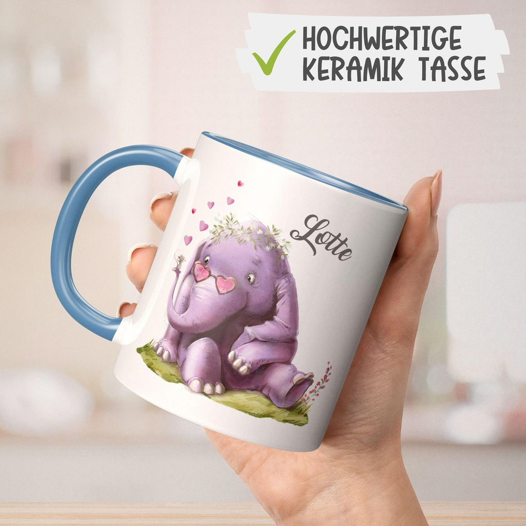 Keramik Tasse Niedlicher Elefant mit Maus und Wunschname - von Mikalino