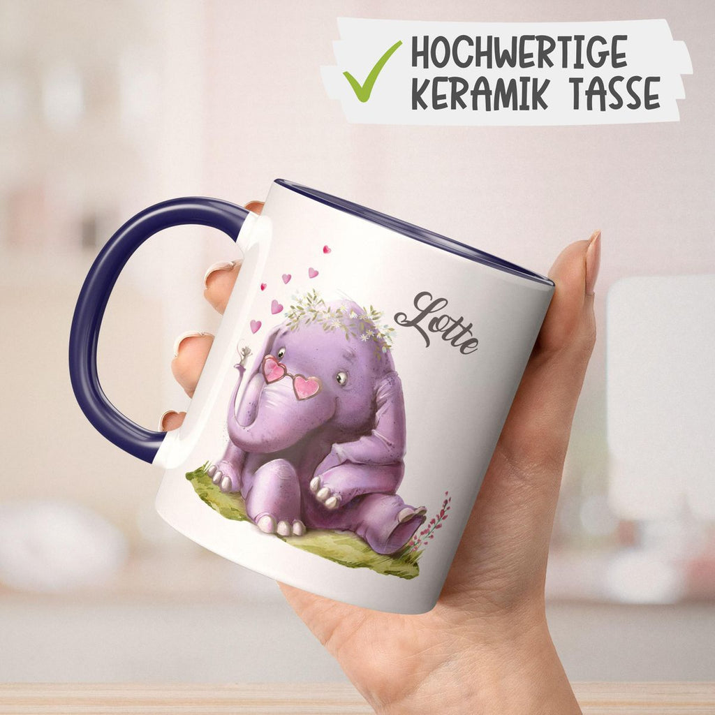 Keramik Tasse Niedlicher Elefant mit Maus und Wunschname - von Mikalino