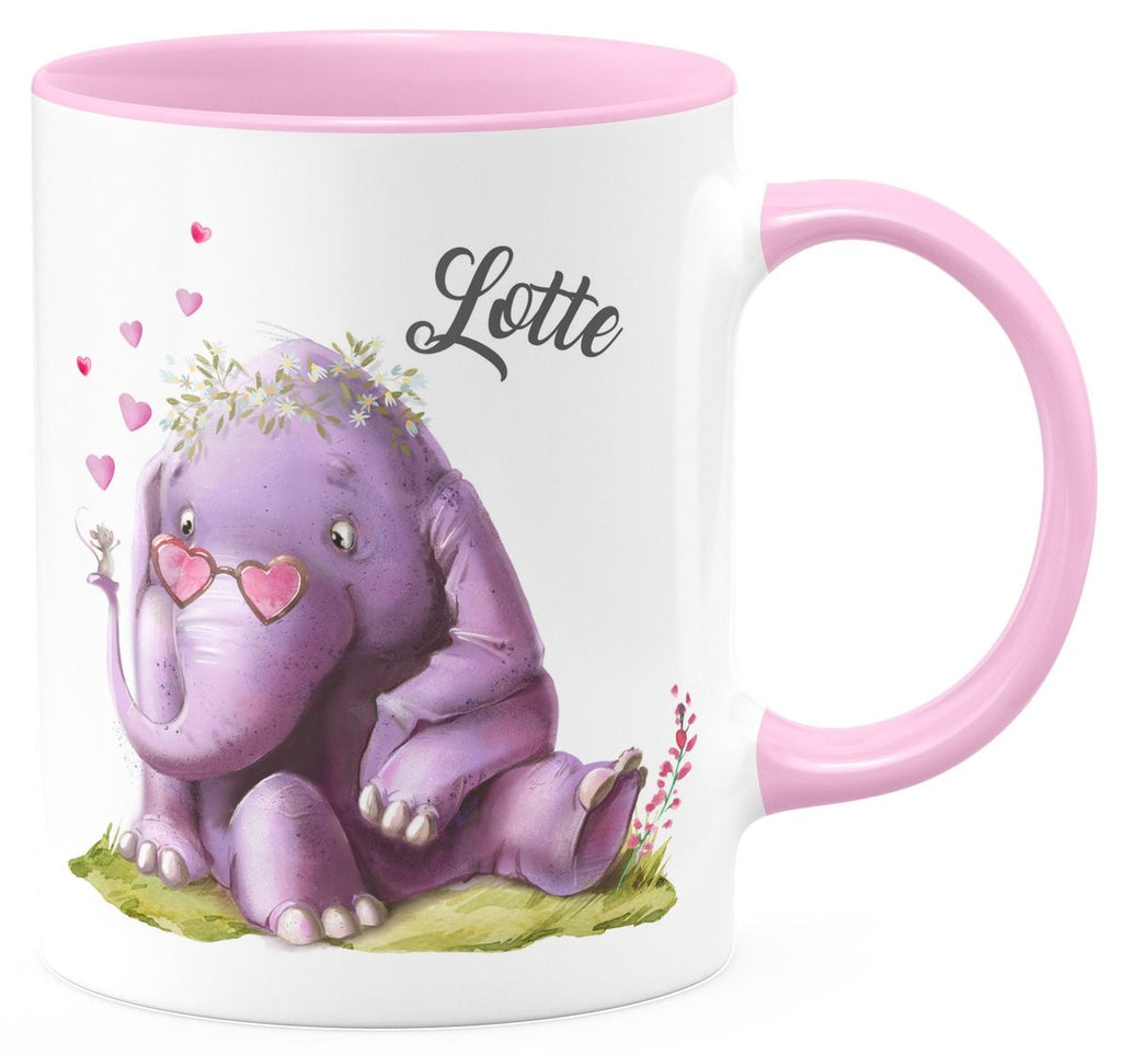 Keramik Tasse Niedlicher Elefant mit Maus und Wunschname - von Mikalino