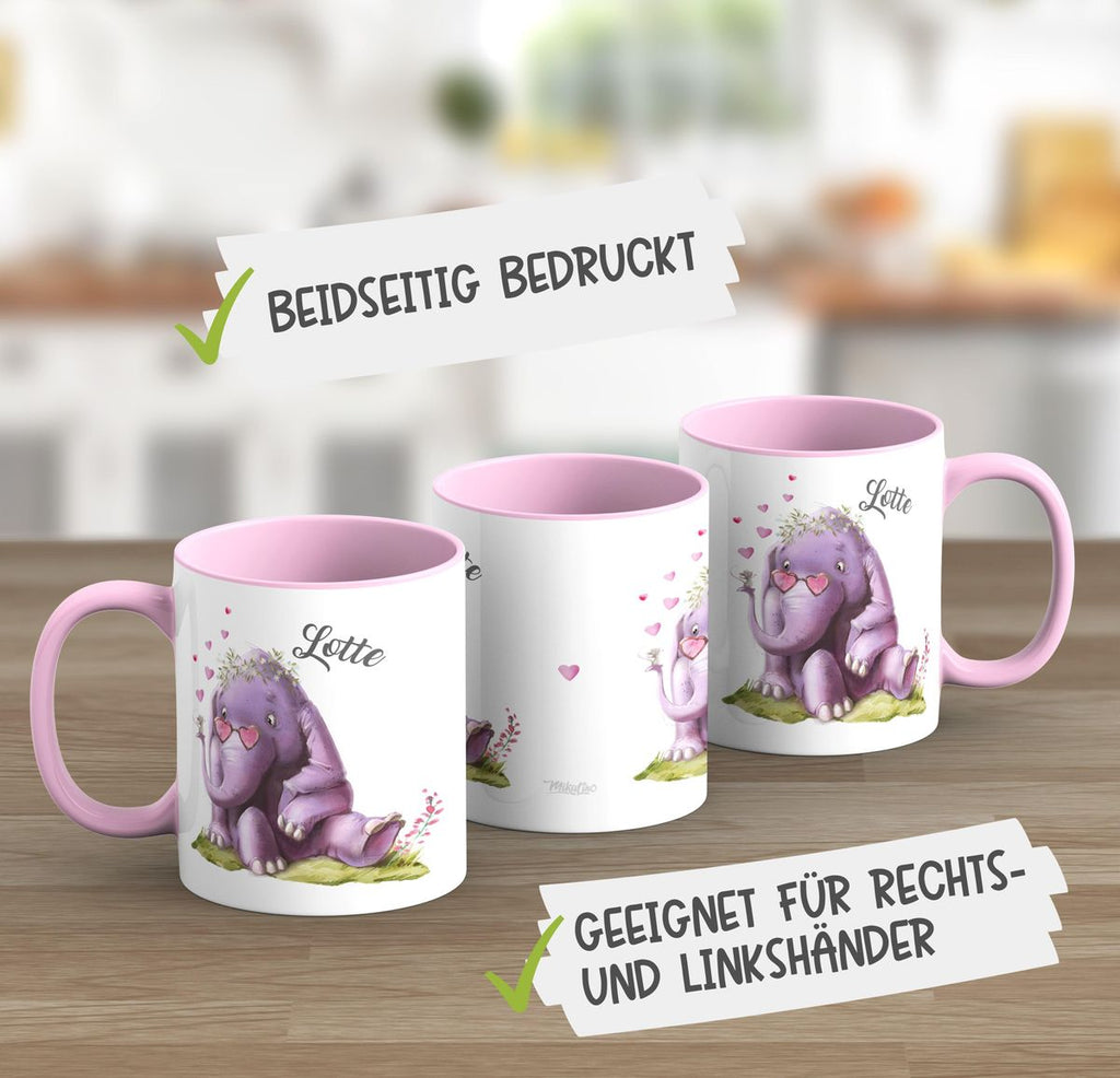 Keramik Tasse Niedlicher Elefant mit Maus und Wunschname - von Mikalino