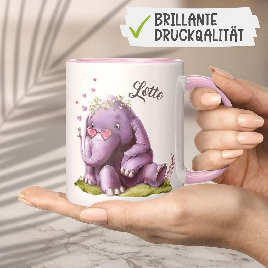 Keramik Tasse Niedlicher Elefant mit Maus und Wunschname - von Mikalino