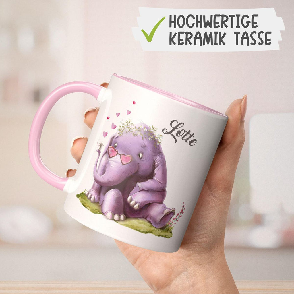 Keramik Tasse Niedlicher Elefant mit Maus und Wunschname - von Mikalino