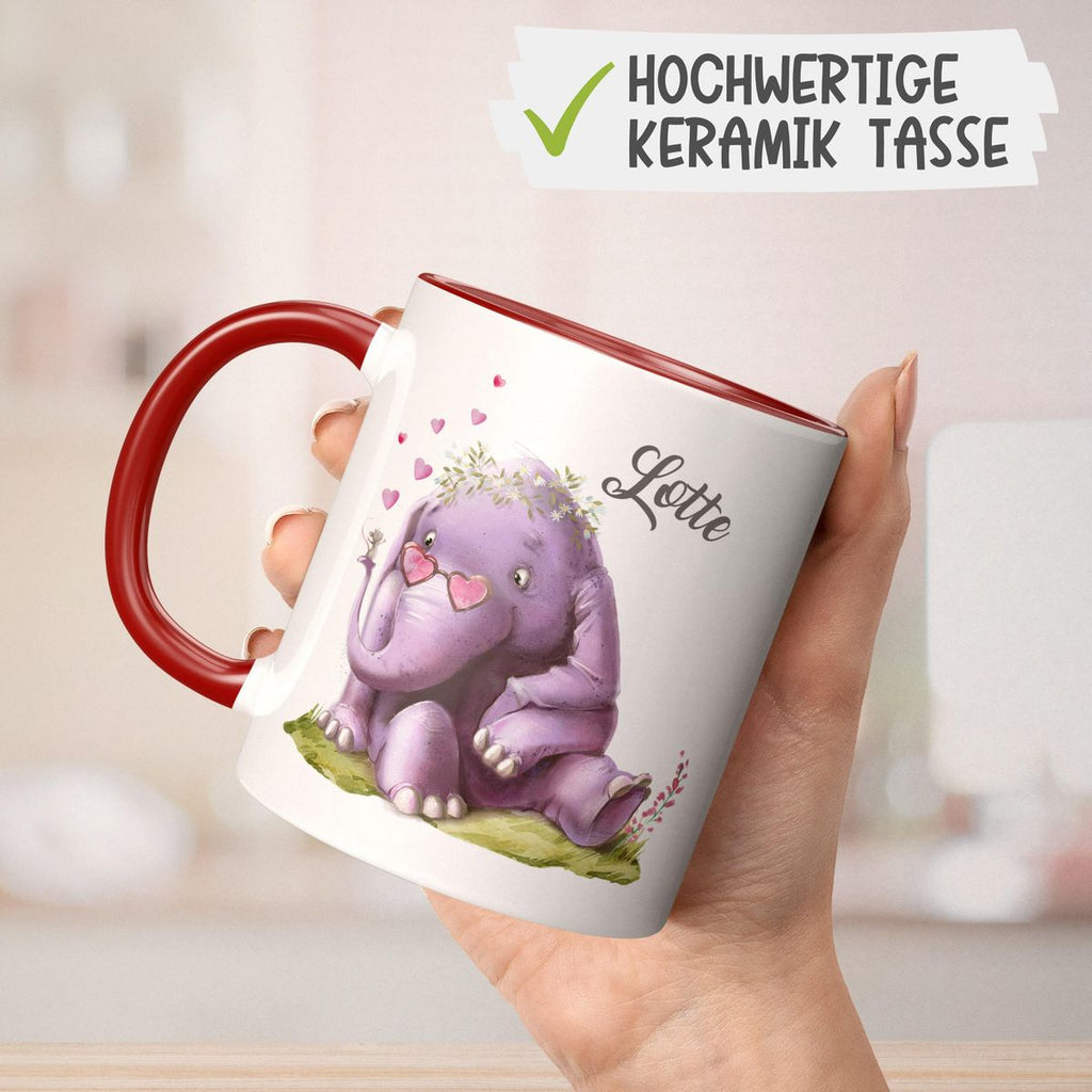 Keramik Tasse Niedlicher Elefant mit Maus und Wunschname - von Mikalino