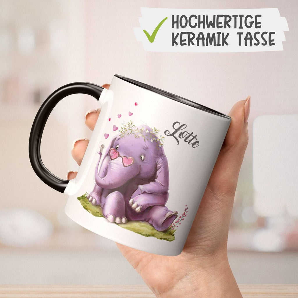 Keramik Tasse Niedlicher Elefant mit Maus und Wunschname - von Mikalino