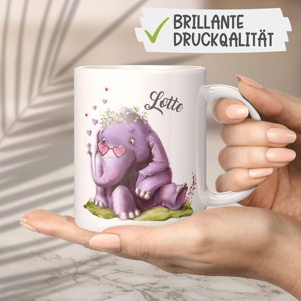 Keramik Tasse Niedlicher Elefant mit Maus und Wunschname - von Mikalino