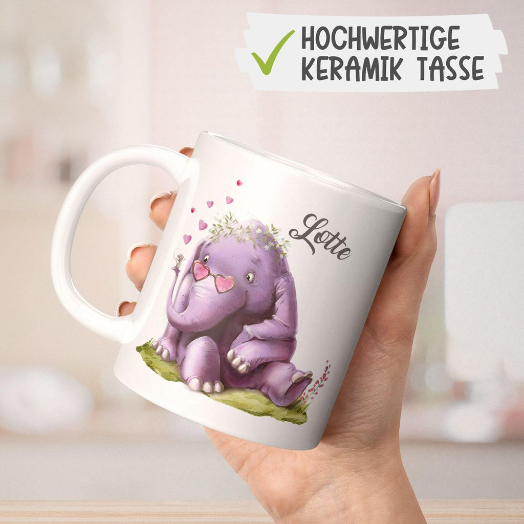 Keramik Tasse Niedlicher Elefant mit Maus und Wunschname - von Mikalino