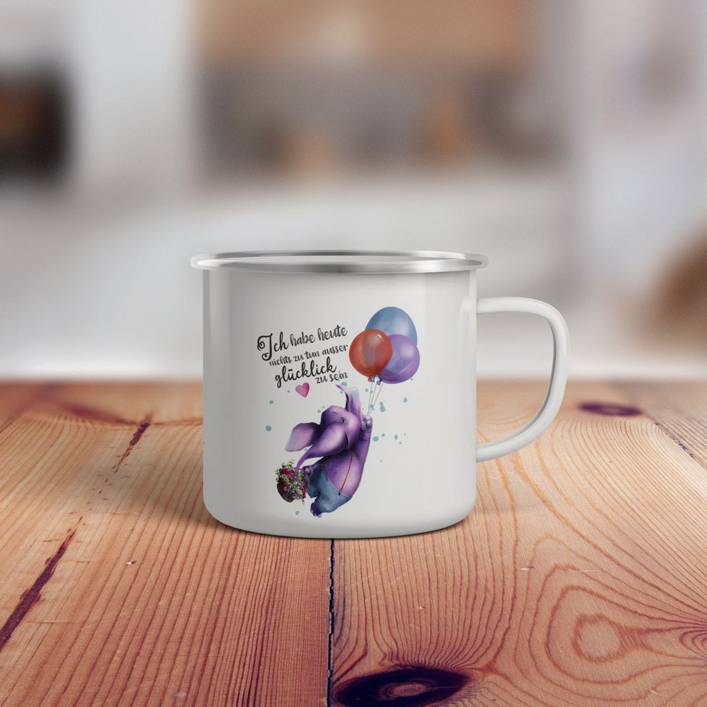 Emaille Tasse Ich habe heute nichts zu tun, ausser glücklich zu sein Elefant Luftballon - von Mikalino