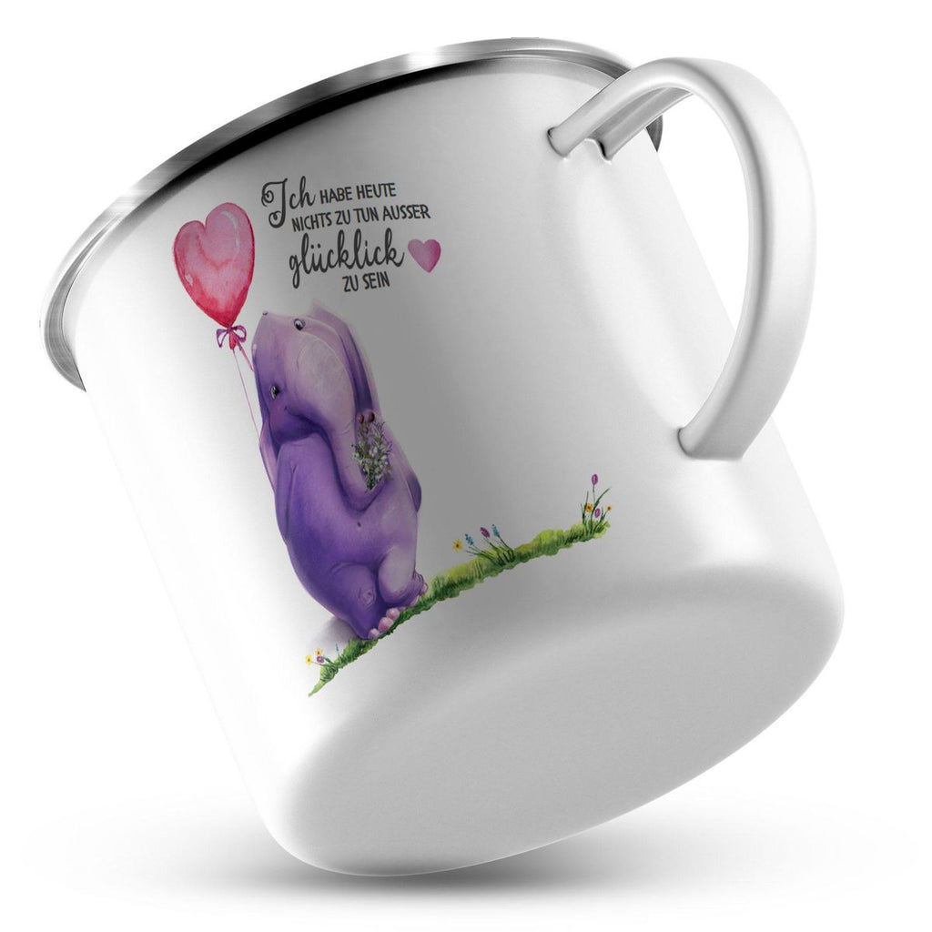 Emaille Tasse Ich habe heute nichts zu tun, ausser glücklich zu sein Elefant Herzluftballon - von Mikalino