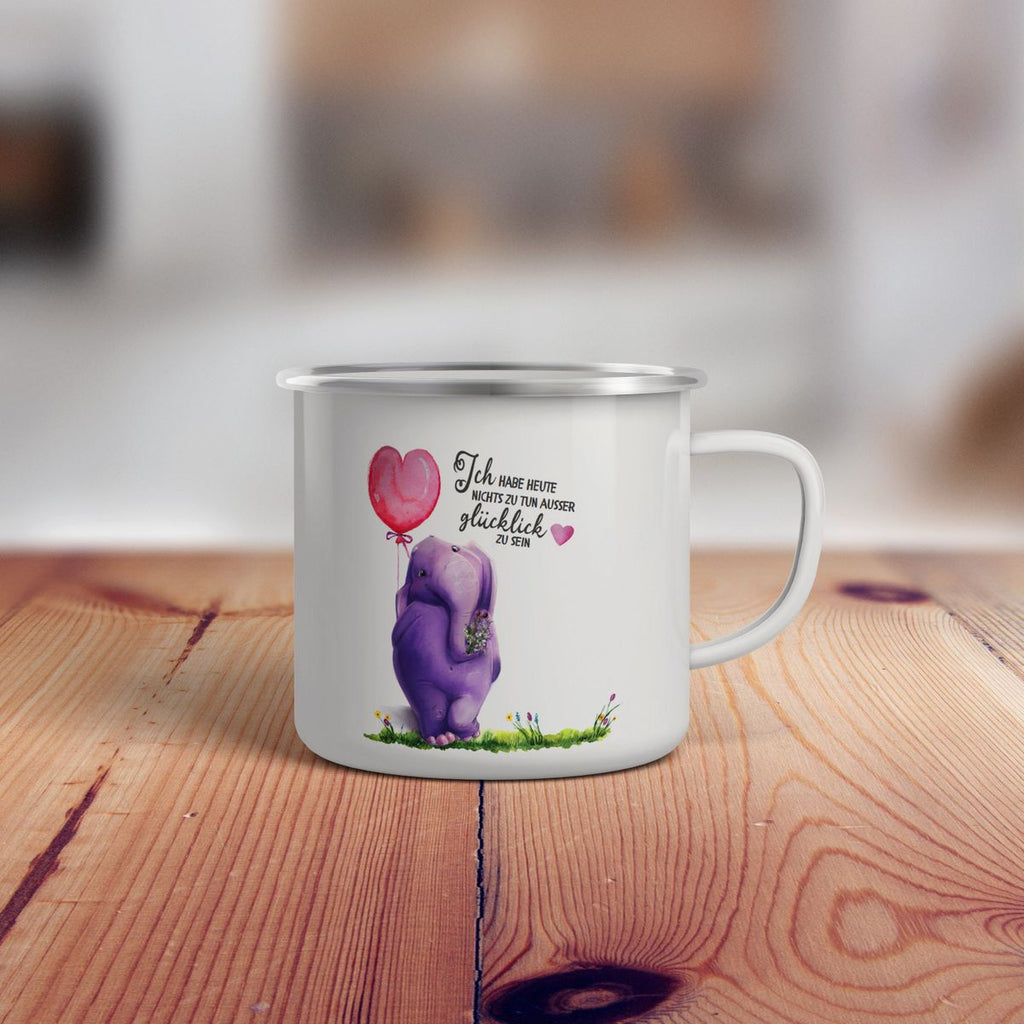 Emaille Tasse Ich habe heute nichts zu tun, ausser glücklich zu sein Elefant Herzluftballon - von Mikalino