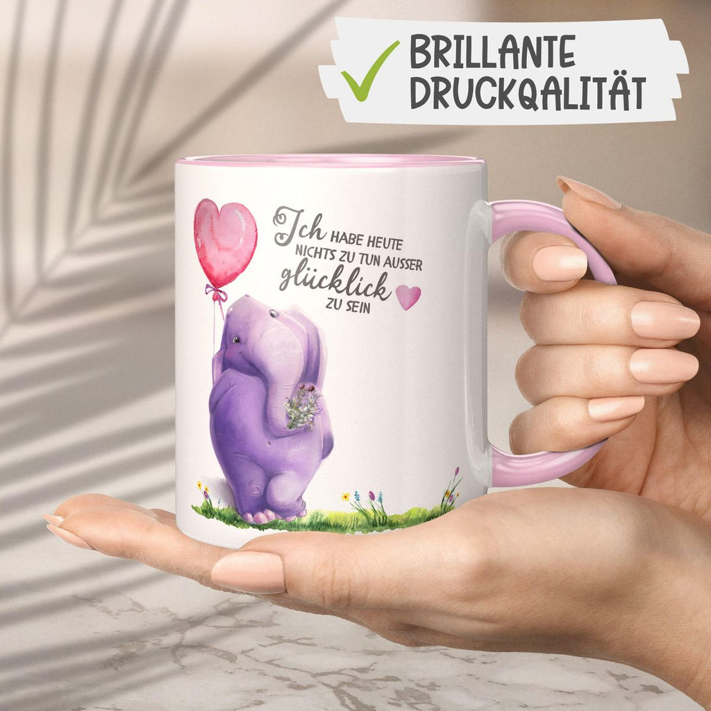 Keramik Tasse Ich habe heute nichts zu tun, ausser glücklich zu sein Elefant Herzluftballon - von Mikalino