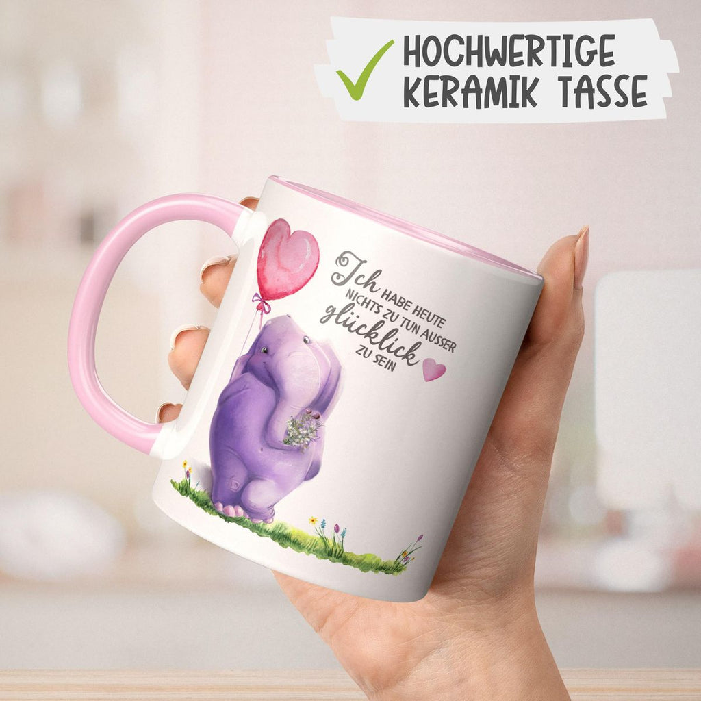 Keramik Tasse Ich habe heute nichts zu tun, ausser glücklich zu sein Elefant Herzluftballon - von Mikalino