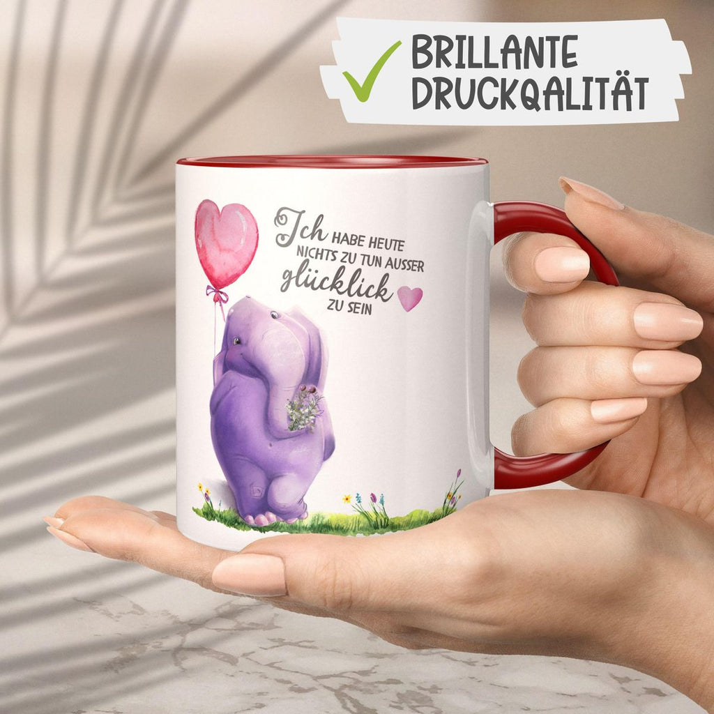 Keramik Tasse Ich habe heute nichts zu tun, ausser glücklich zu sein Elefant Herzluftballon - von Mikalino