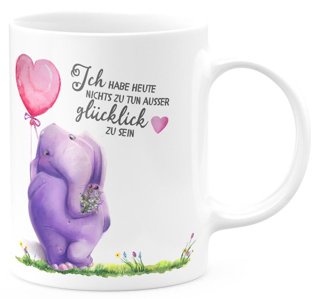 Keramik Tasse Ich habe heute nichts zu tun, ausser glücklich zu sein Elefant Herzluftballon - von Mikalino