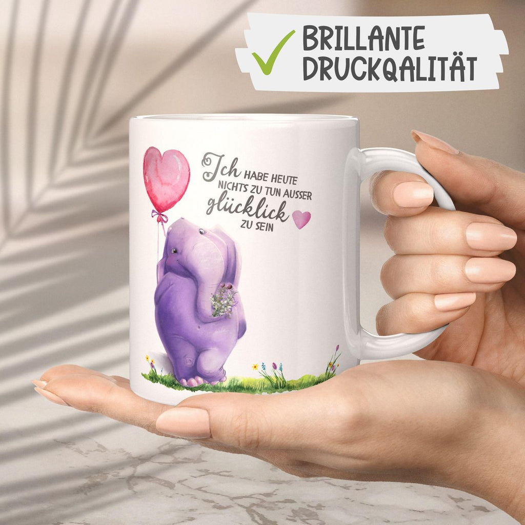 Keramik Tasse Ich habe heute nichts zu tun, ausser glücklich zu sein Elefant Herzluftballon - von Mikalino