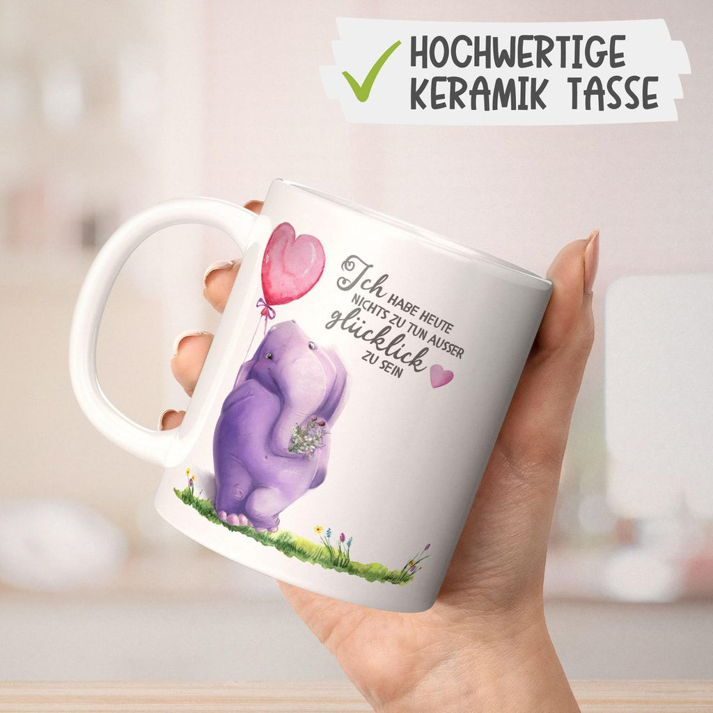 Keramik Tasse Ich habe heute nichts zu tun, ausser glücklich zu sein Elefant Herzluftballon - von Mikalino