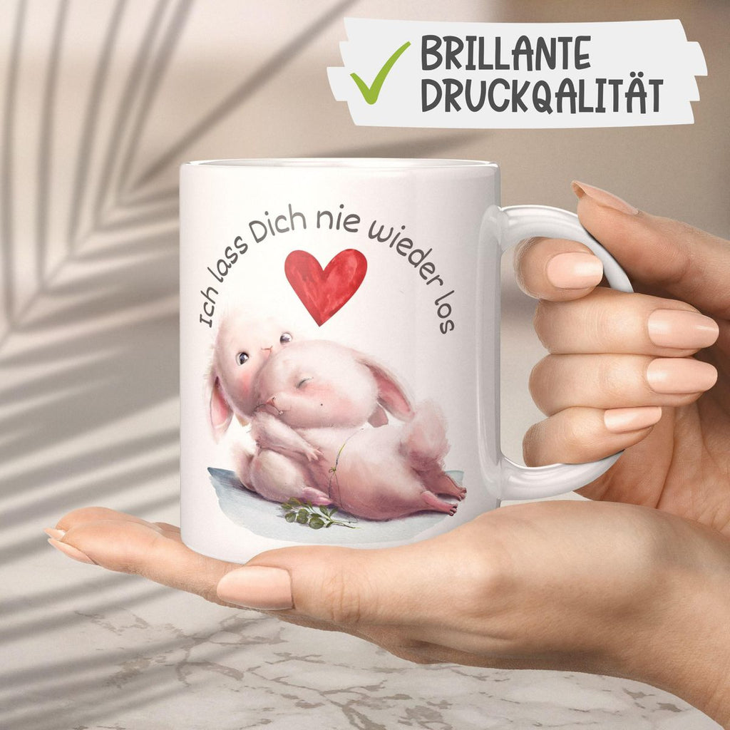 Keramik Tasse Ich lass Dich nie wieder los Zwei verliebte Hasen - von Mikalino