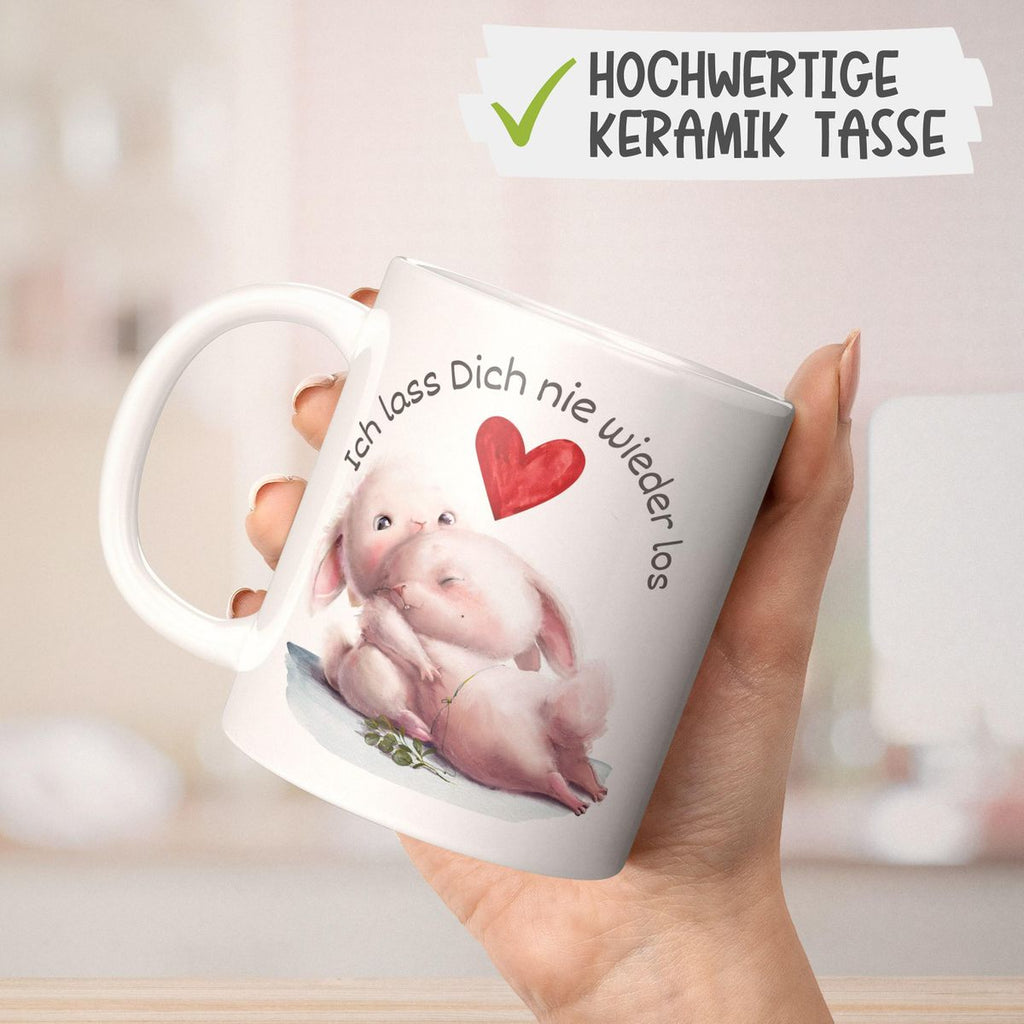 Keramik Tasse Ich lass Dich nie wieder los Zwei verliebte Hasen - von Mikalino