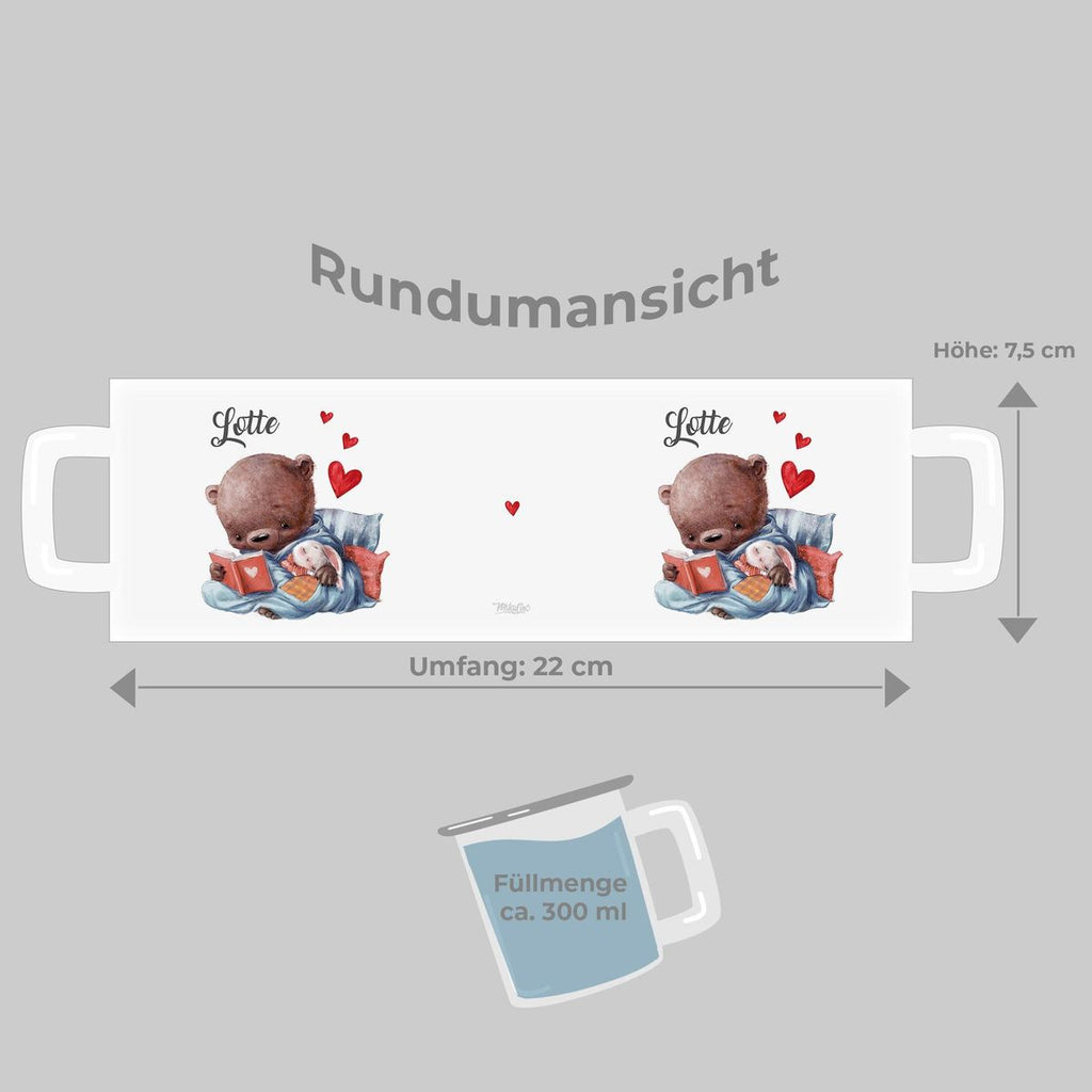 Emaille Tasse Niedlicher Bär mit schlafendem Hasen im Arm und Wunschname - von Mikalino