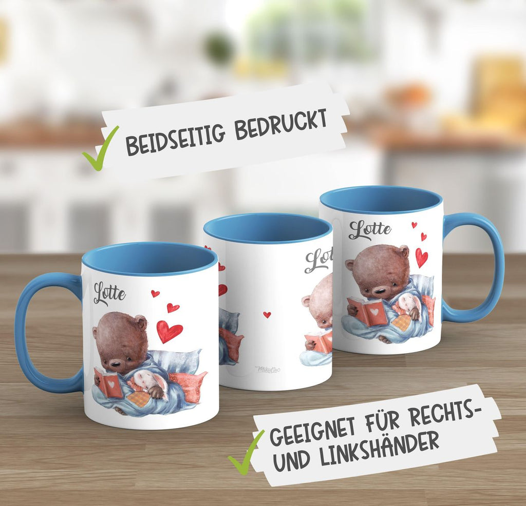 Keramik Tasse Niedlicher Bär mit schlafendem Hasen im Arm und Wunschname - von Mikalino