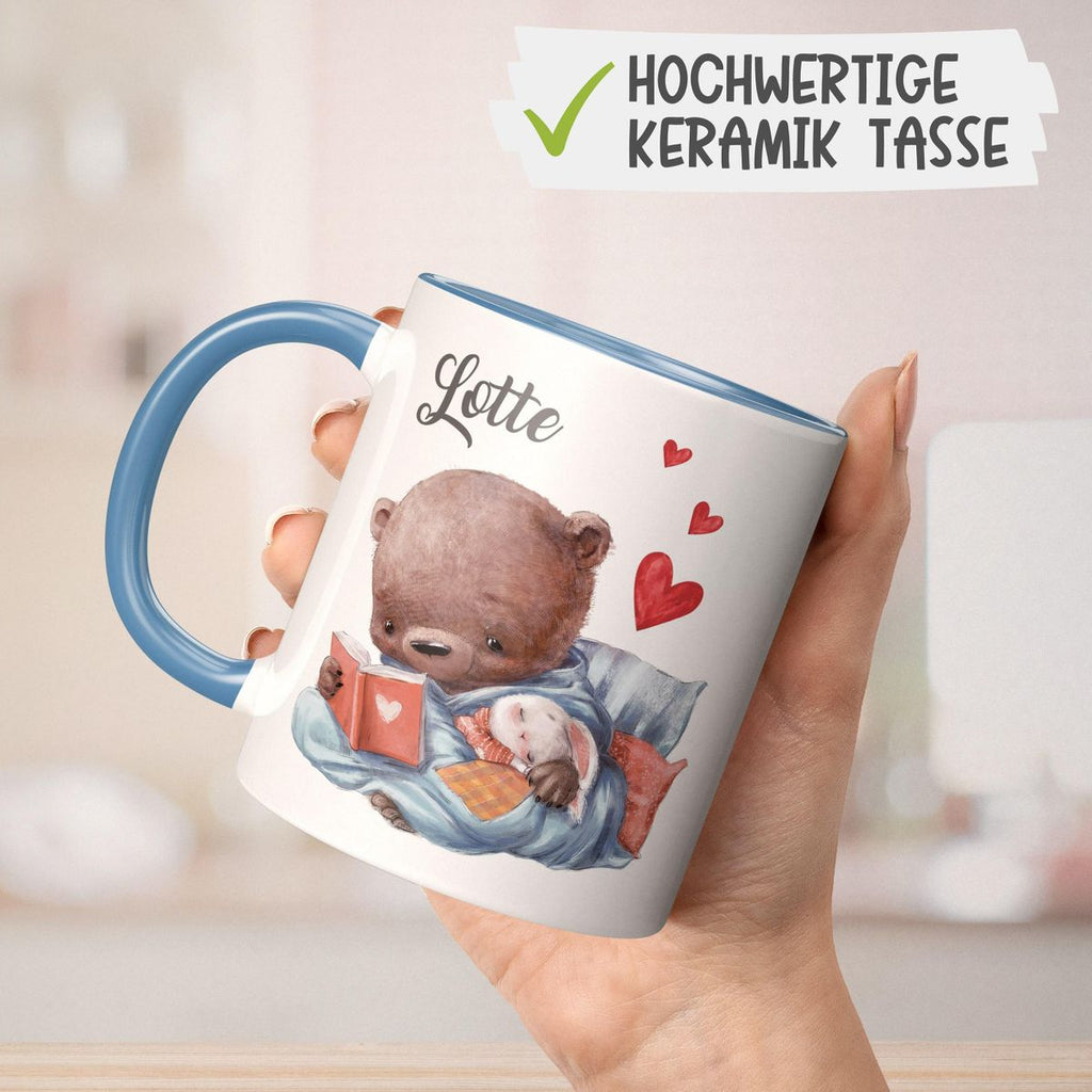 Keramik Tasse Niedlicher Bär mit schlafendem Hasen im Arm und Wunschname - von Mikalino