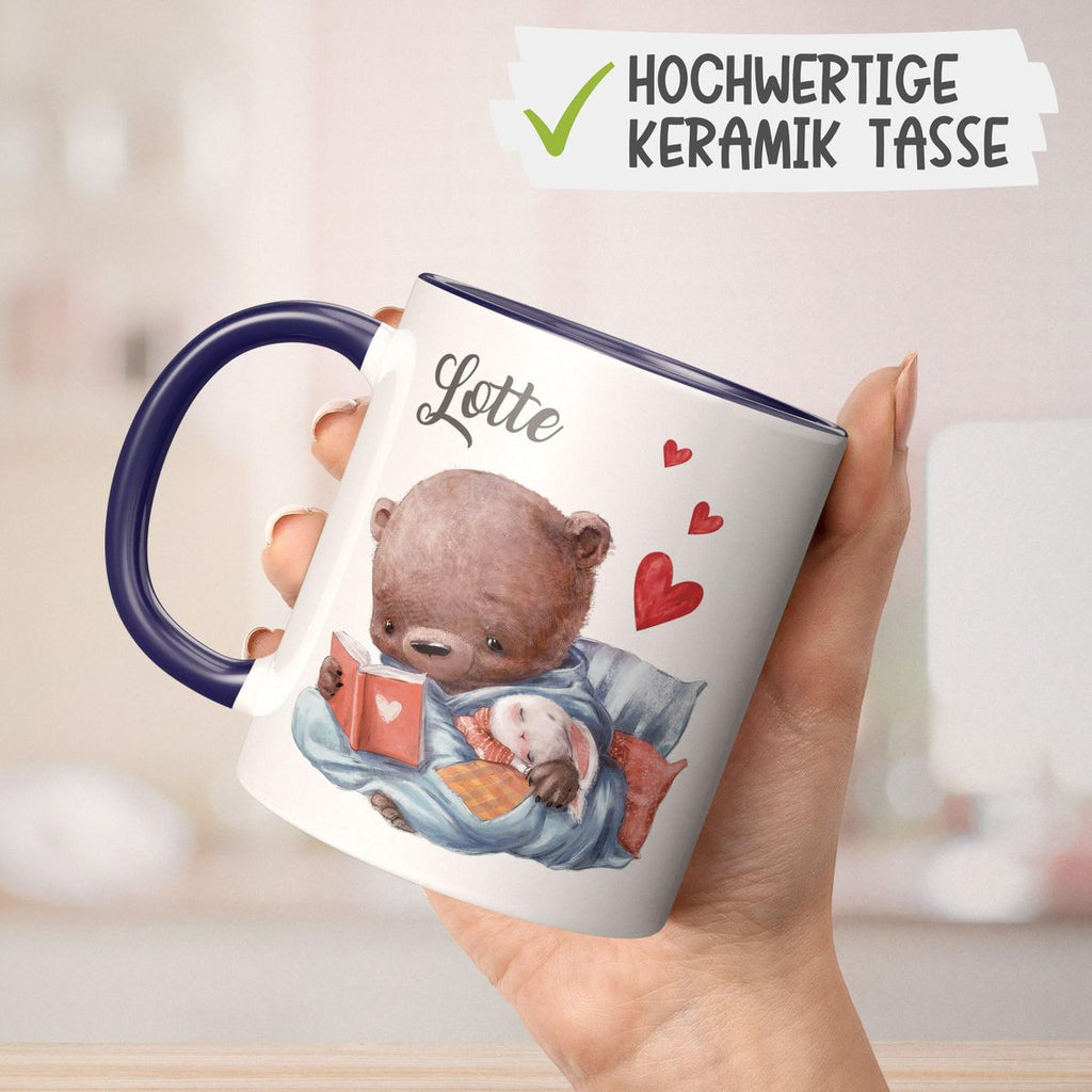 Keramik Tasse Niedlicher Bär mit schlafendem Hasen im Arm und Wunschname - von Mikalino