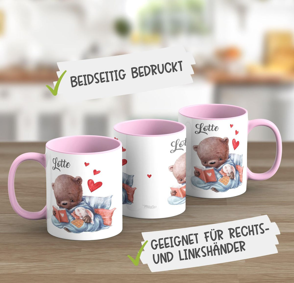 Keramik Tasse Niedlicher Bär mit schlafendem Hasen im Arm und Wunschname - von Mikalino